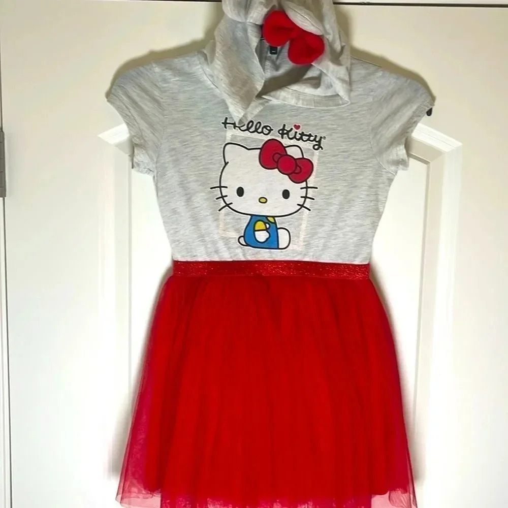 Hello Kitty Hooded Red Tutu Dress - Tulle Skirt - Oatmeal Heather- Size Small